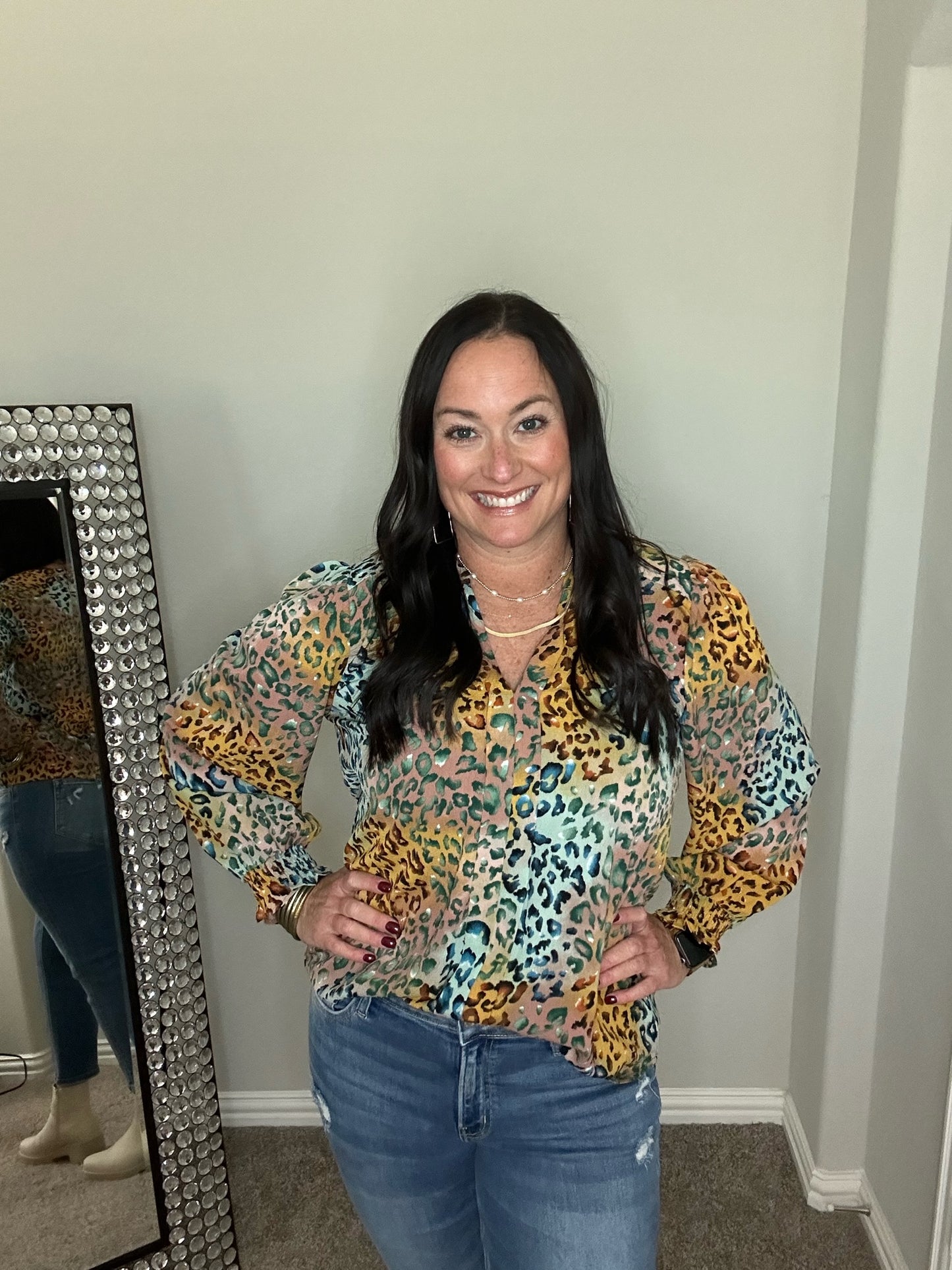 Multi Leopard Long Sleeve Blouse