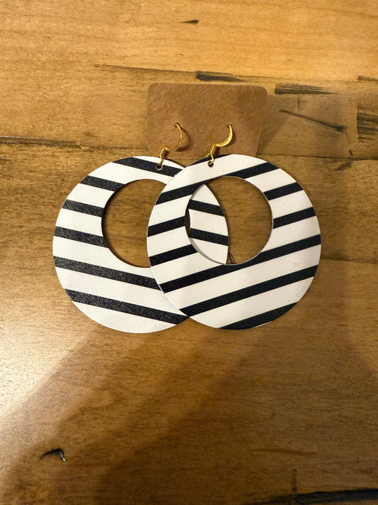 Black and White Striped Round Leather Earrings