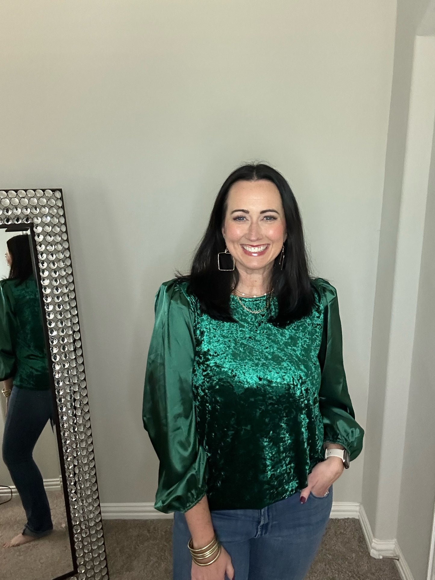 Green Velvet Top with Satin Sleeves