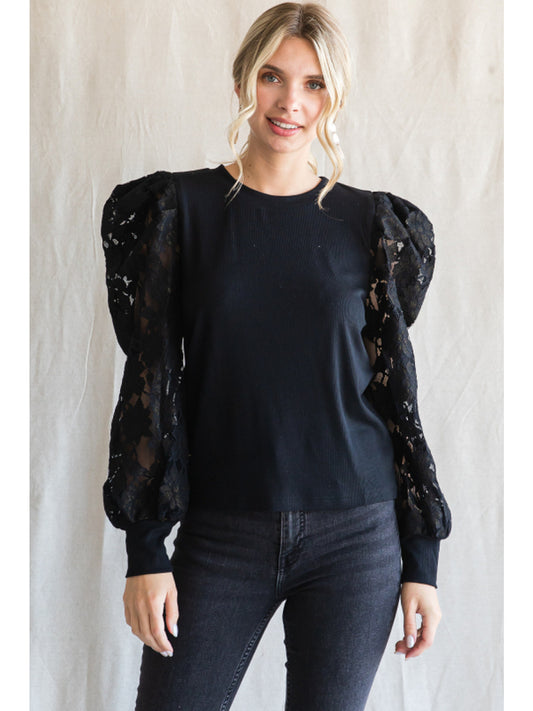 Black Ribbed Top with Lace Sleeves