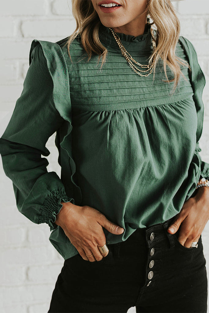 Green Ruffle Shoulder Long Sleeve