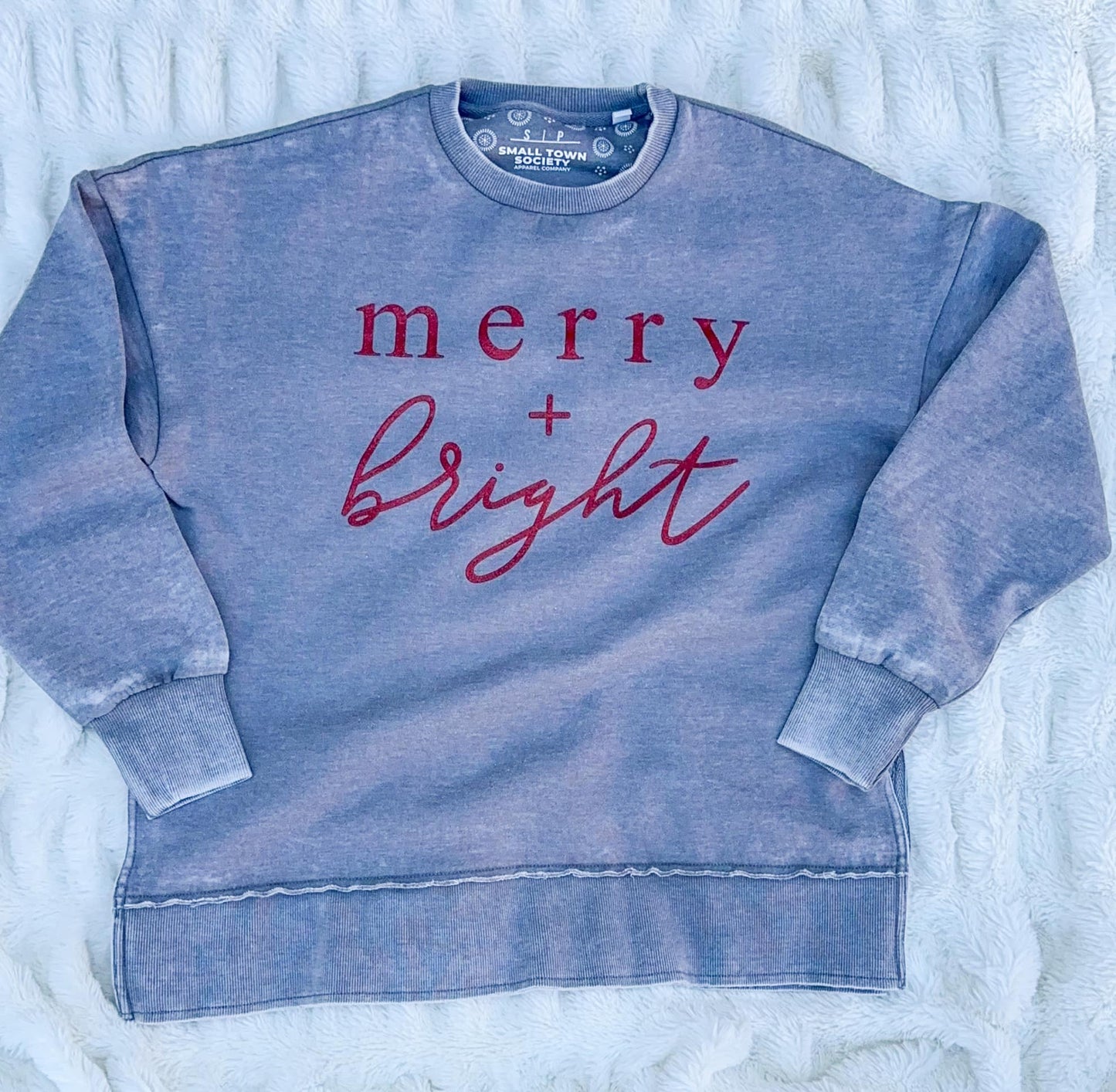 Merry + Bright Red Glitter Ink Gray Sweatshirt