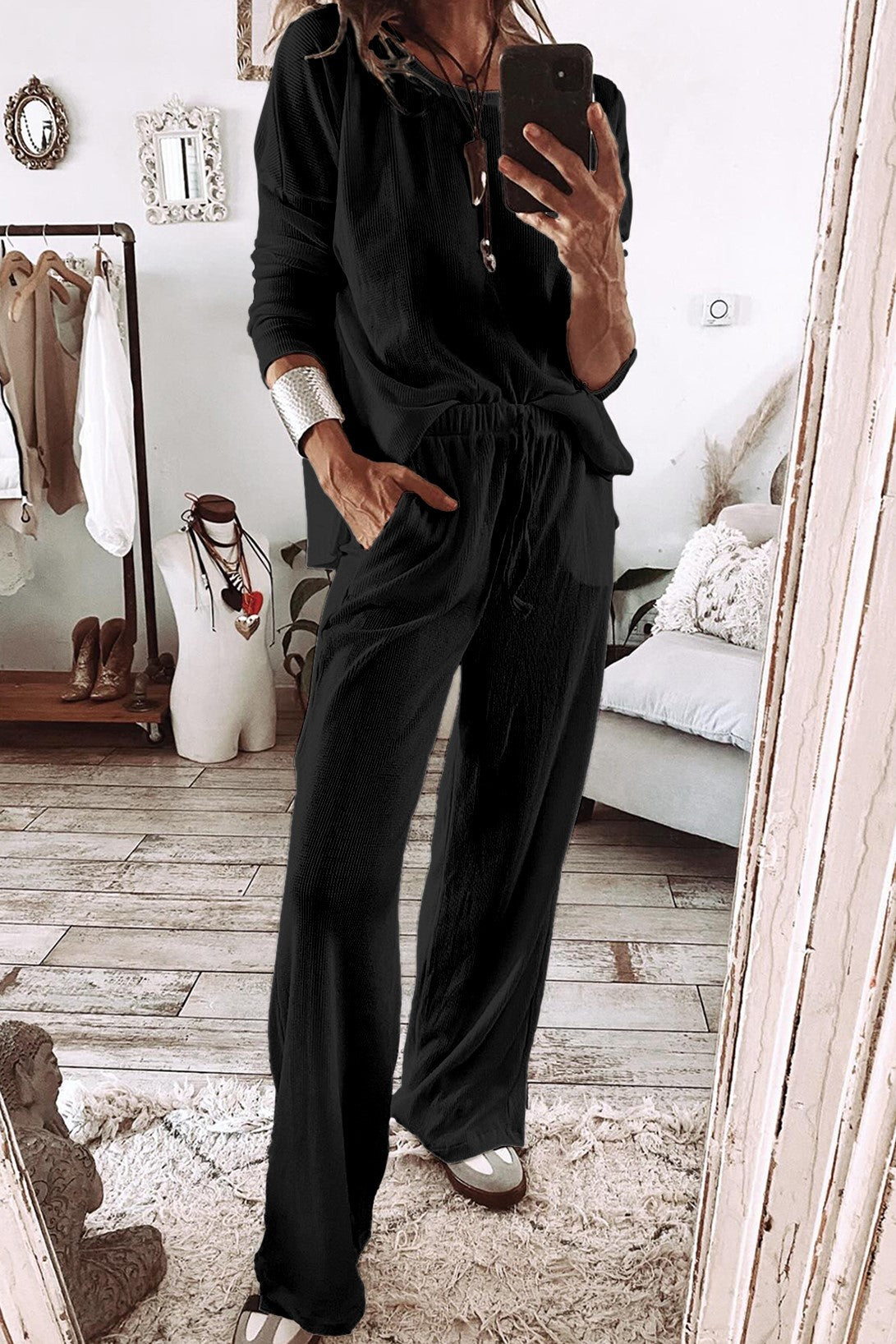 Black Textured Long Sleeve/Pant Set