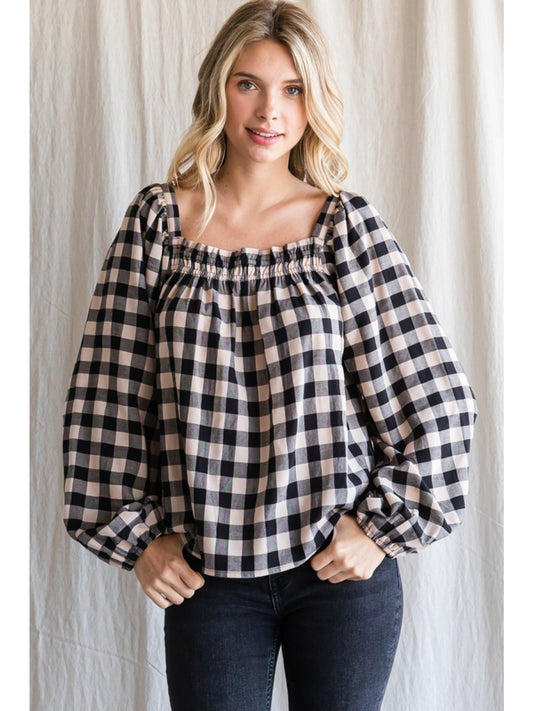 Square Neck Smocked Plaid Blouse