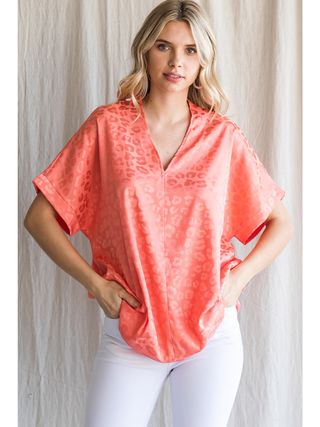 Coral Leopard Short Sleeve Blouse